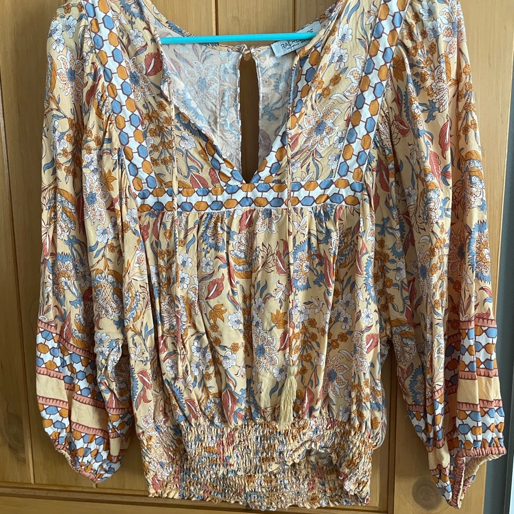 Rachel Zoe Orange and Blue Smocked Tie Front Blouse